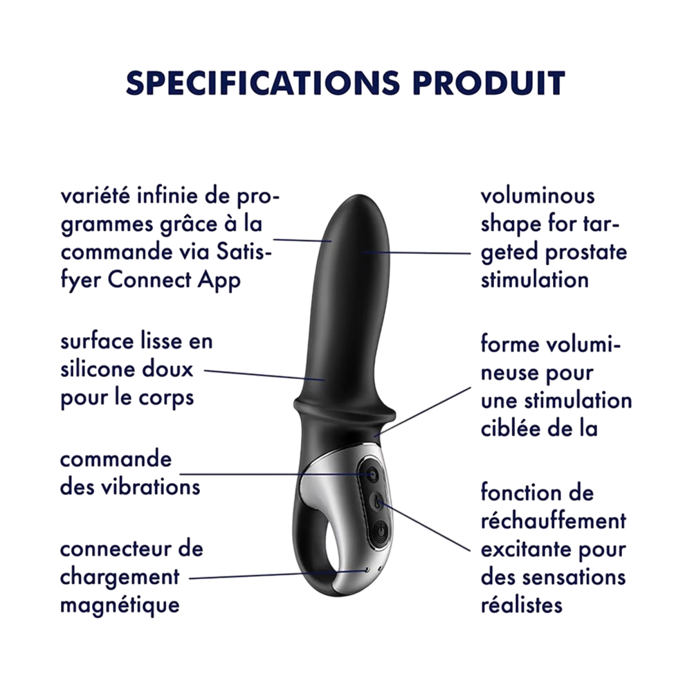 Schema des specifications du vibromasseur chauffant Hot Passion Satisfyer noir en silicone souple - Oh My God'Z
