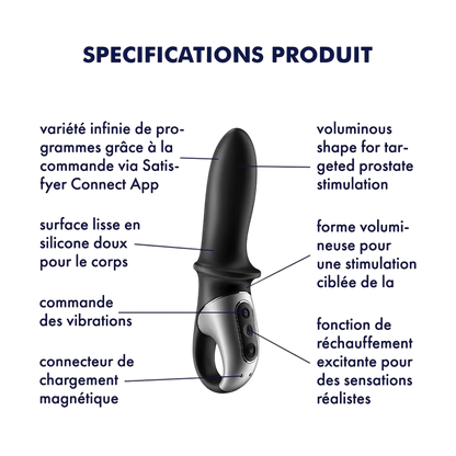 Schema des specifications du vibromasseur chauffant Hot Passion Satisfyer noir en silicone souple - Oh My God'Z