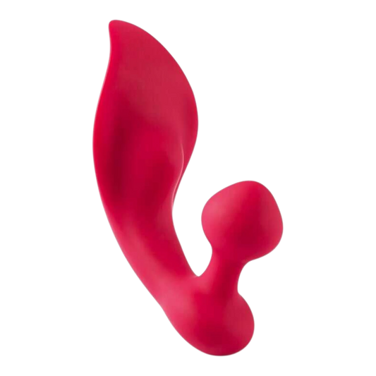 Vibromasseur double stimulation Lamia rose en silicone, vue de face sur fond blanc - Oh My God'Z