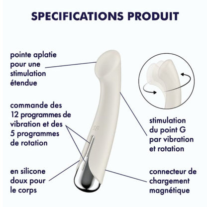 Schéma détaillé du vibromasseur point G rotatif blanc en silicone avec commandes et connecteur magnétique - Oh My God'Z