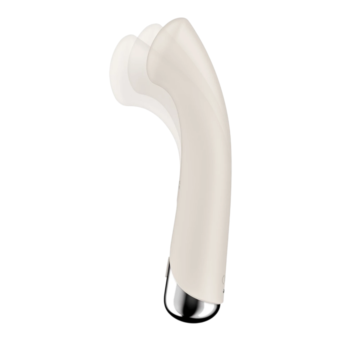 Vue latérale du vibromasseur point G blanc courbé en silicone avec base chromée argentée - Oh My God'Z