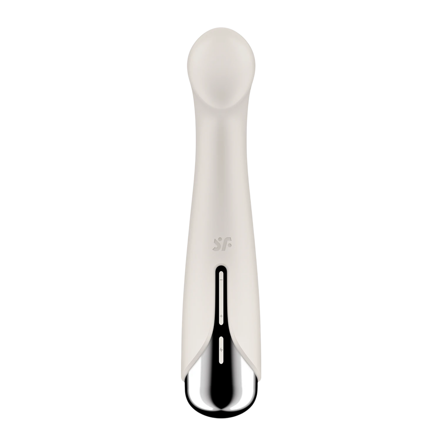 Vue arrière du vibromasseur point G blanc en silicone avec logo Satisfyer et base chromée argentée - Oh My God'Z