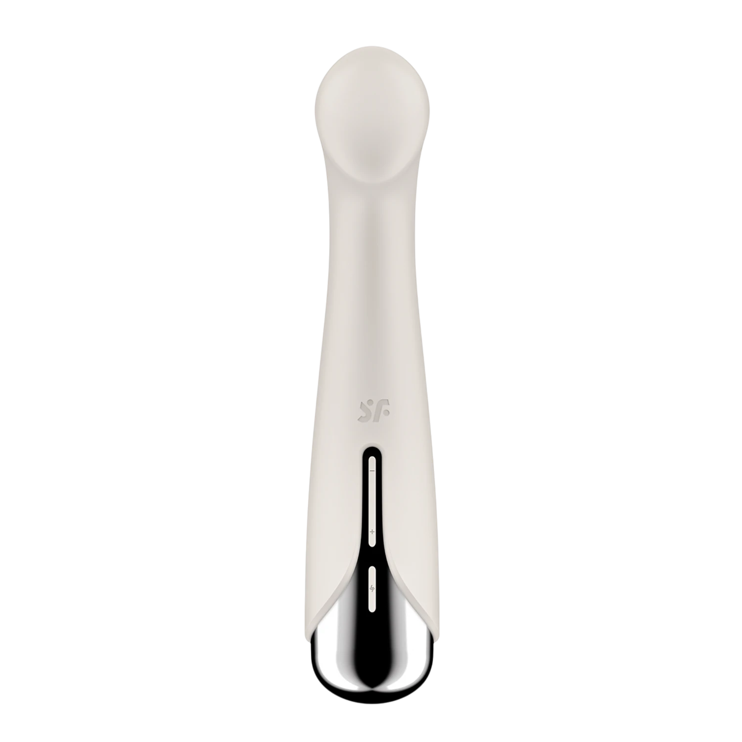 Vue arrière du vibromasseur point G blanc en silicone avec logo Satisfyer et base chromée argentée - Oh My God'Z