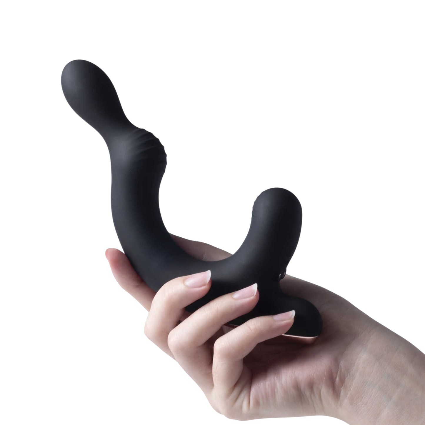 Stimulateur prostate Rocky noir en silicone tenu dans une main féminine fond blanc - Oh My God'Z