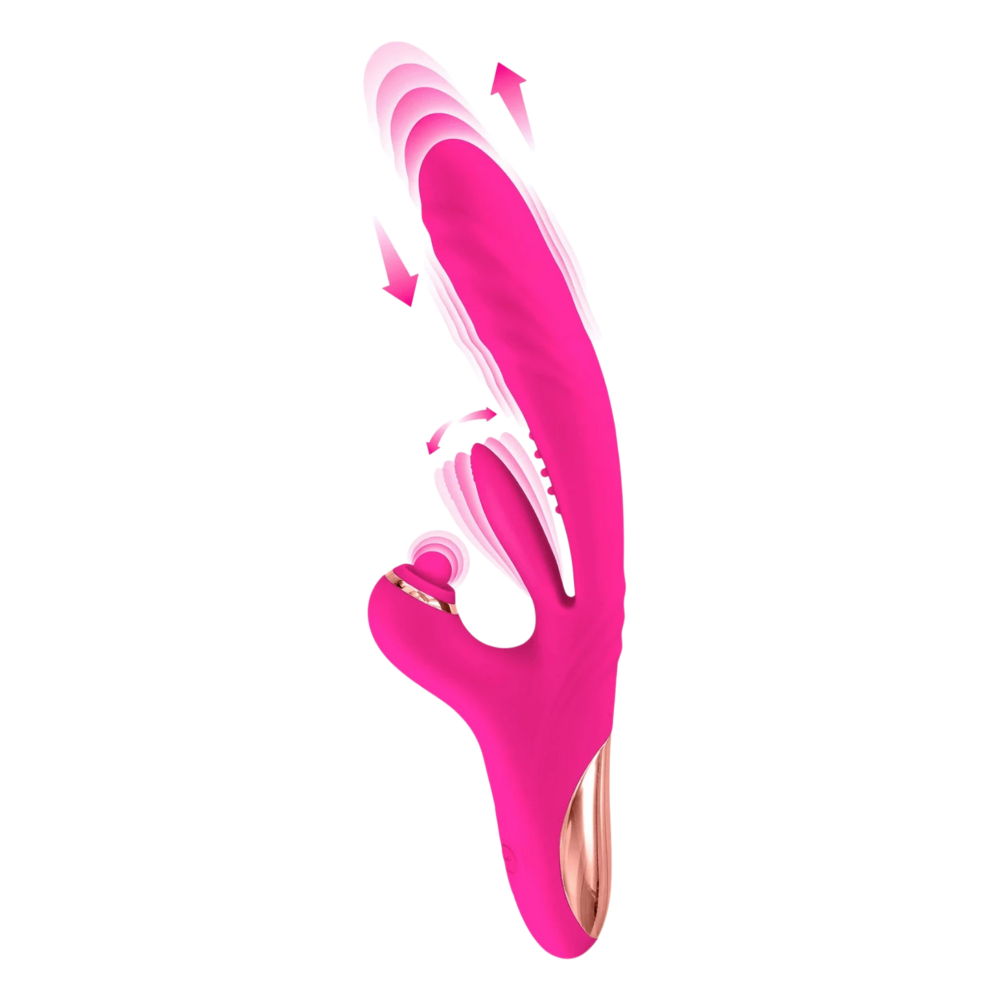 Vibromasseur rabbit rose fuchsia 3-en-1 Sassy Yoba en silicone avec détail doré, illustrant les 3 modes - Oh My God'Z