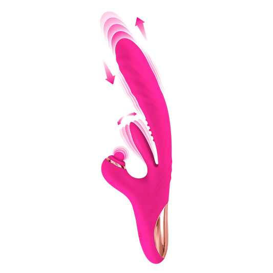 Vibromasseur rabbit rose fuchsia 3-en-1 Sassy Yoba en silicone avec détail doré, illustrant les 3 modes - Oh My God'Z