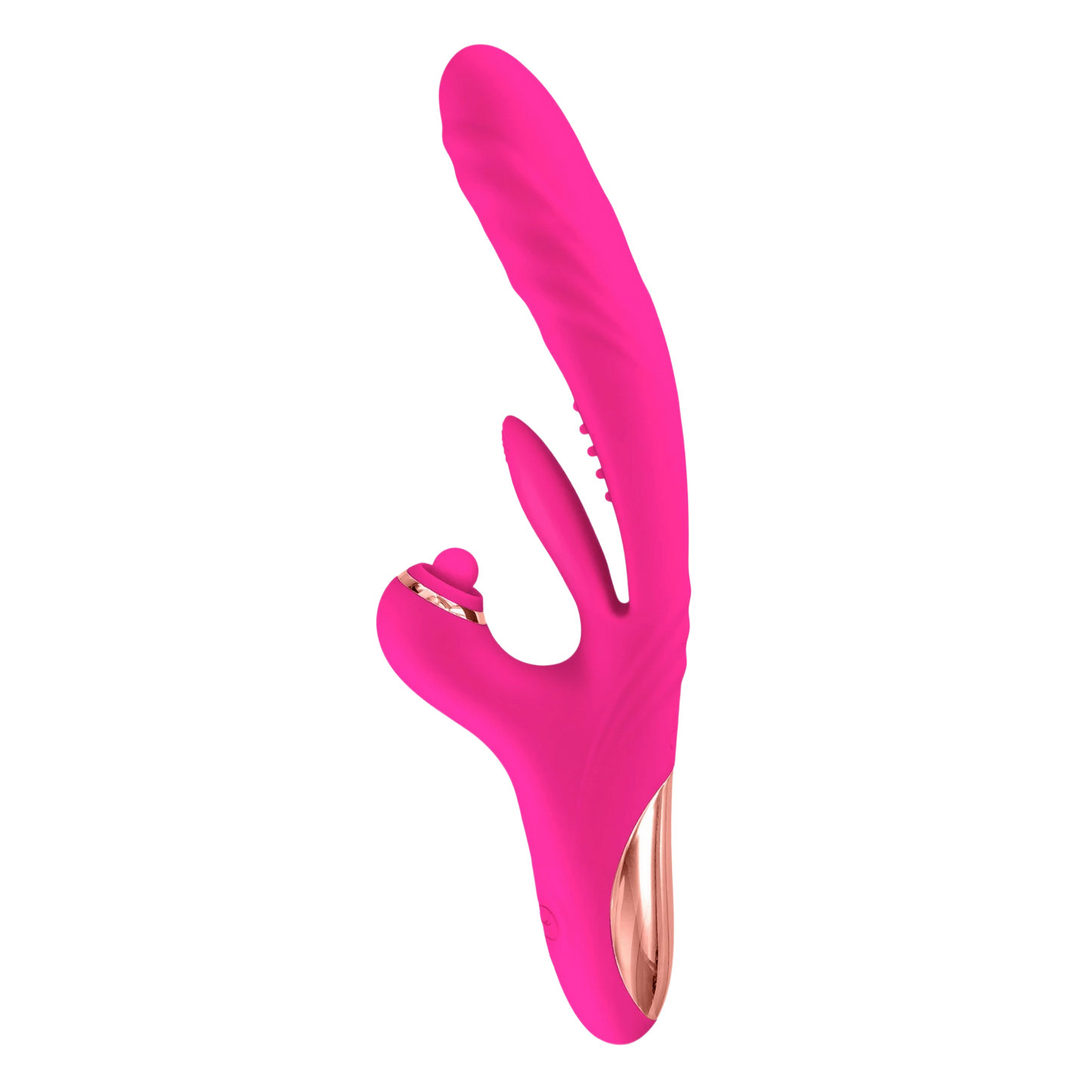 Vibromasseur rabbit 3-en-1 Sassy Yoba rose fuchsia en silicone avec embout doré, vue complète du produit - Oh My God'Z