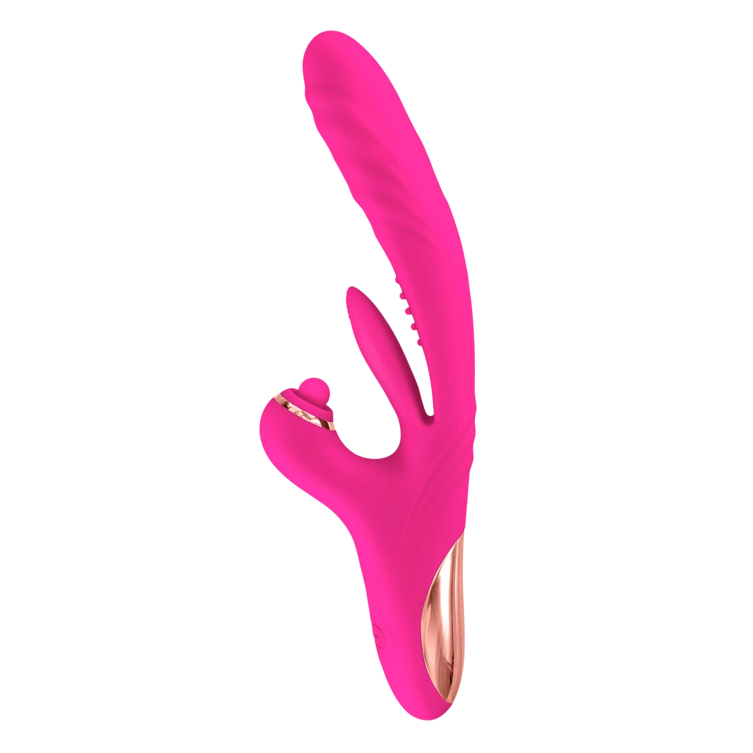 Vibromasseur rabbit 3-en-1 Sassy Yoba rose fuchsia en silicone avec embout doré, vue complète du produit - Oh My God'Z