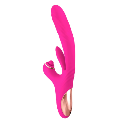 Vue latérale du vibromasseur rabbit Sassy Yoba rose fuchsia et doré en silicone médical ultra-doux - Oh My God'Z