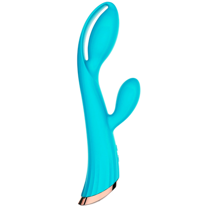 Vibromasseur rabbit bleu turquoise en silicone avec stimulateur clitoridien et base rosée - Oh My God'Z