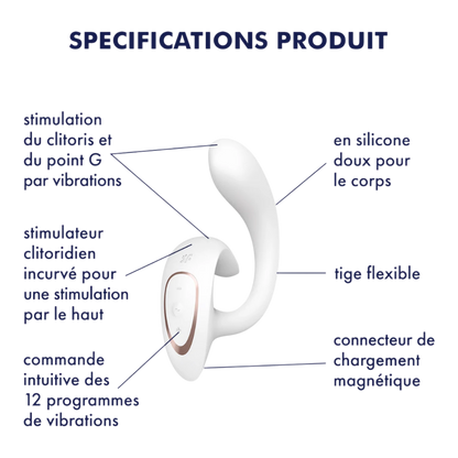 Schéma descriptif du vibromasseur G for Goddess blanc montrant stimulateur clitoridien et tige flexible - Oh My God'Z
