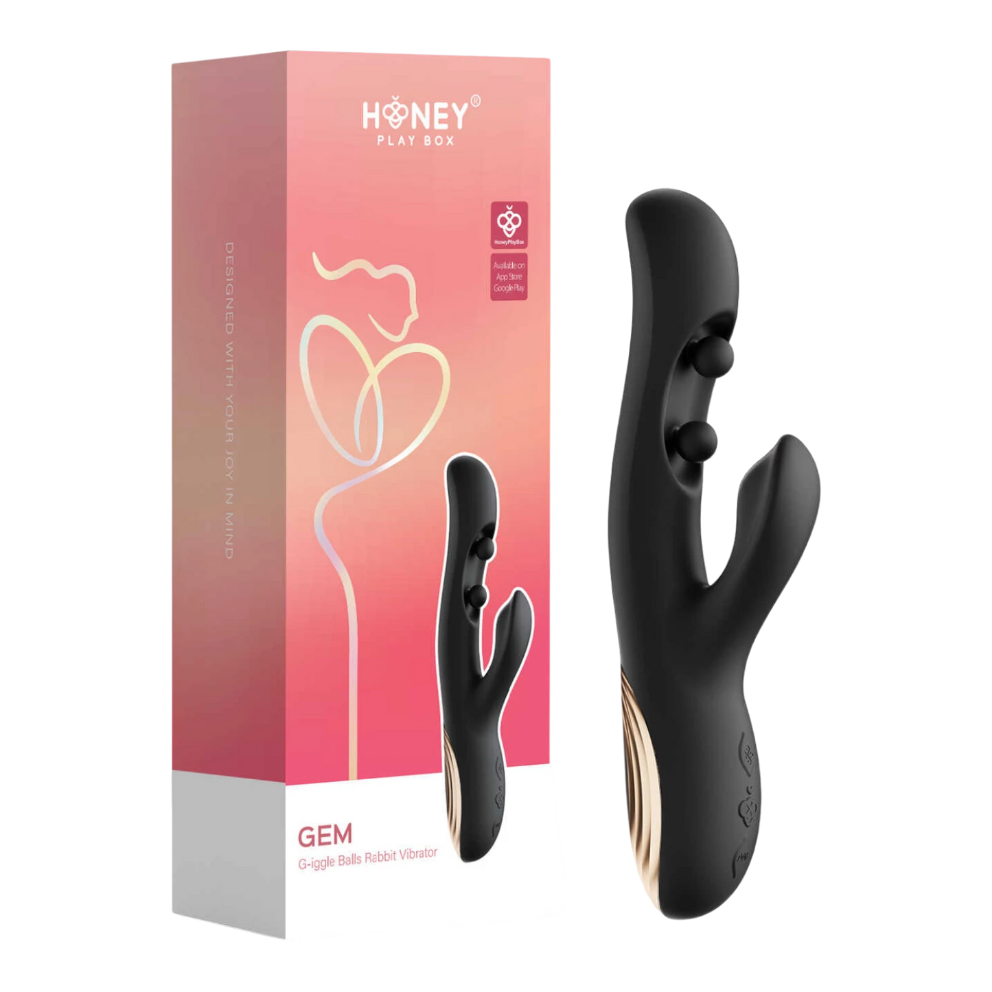 Vibromasseur rabbit Gem noir et or rose avec packaging rose, double stimulation et boules - Oh My God'Z