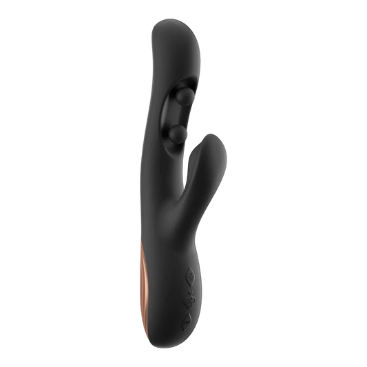 Vibromasseur rabbit Gem en silicone noir mat avec détails or rose, design ergonomique - Oh My God'Z