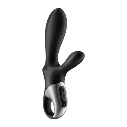 Vibromasseur rabbit connecte Satisfyer noir en silicone avec trois boutons de commande argentes - Oh My God'Z