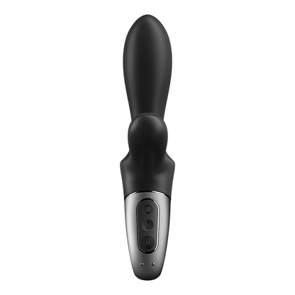 Vibromasseur rabbit Satisfyer noir silicone vu de face, panneau de commande et voyants de charge - Oh My God'Z