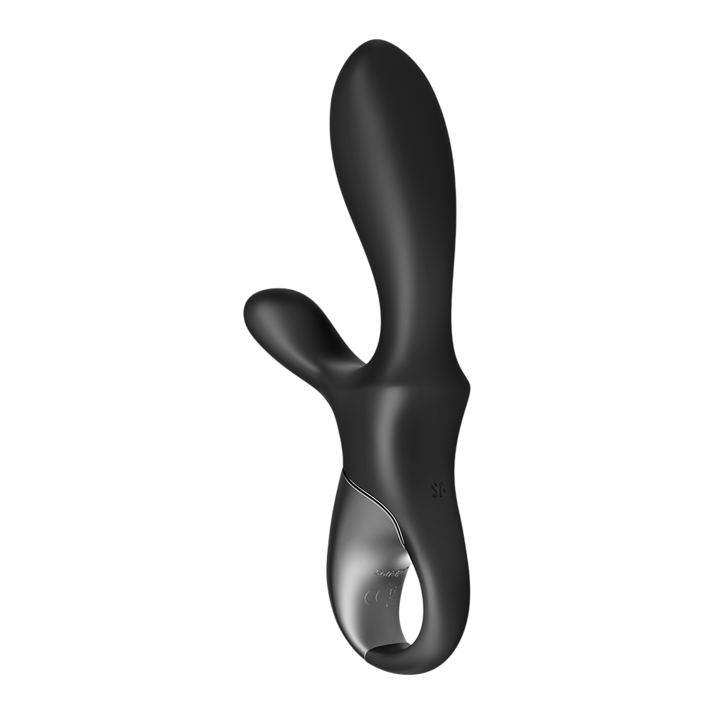 Vibromasseur rabbit connecte Satisfyer noir silicone de dos, base large et finition argentee brillante - Oh My God'Z