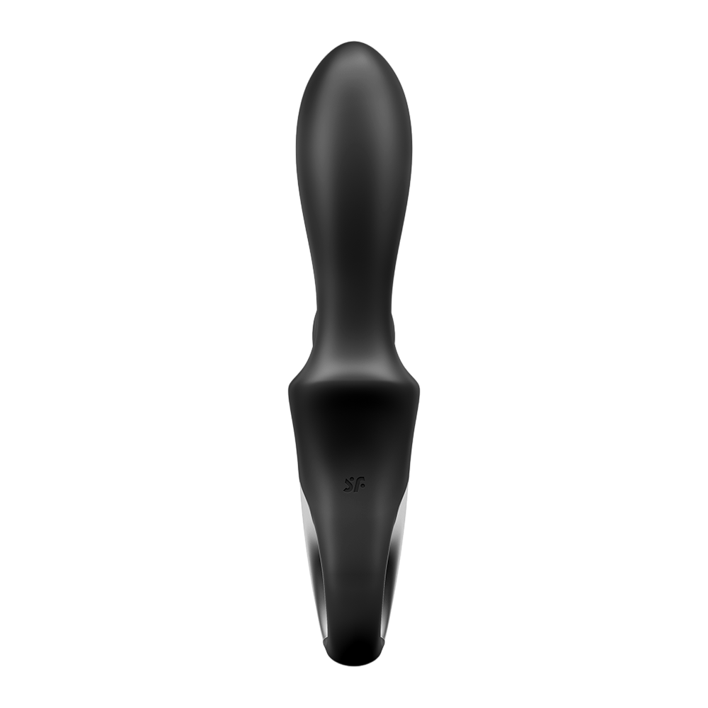Vibromasseur rabbit Satisfyer noir en silicone vu de face, tige allongee et logo discret grave - Oh My God'Z