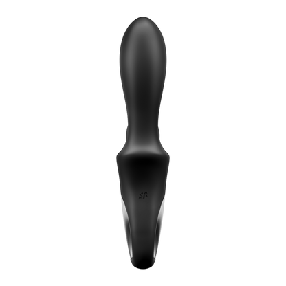 Vibromasseur rabbit Satisfyer noir en silicone vu de face, tige allongee et logo discret grave - Oh My God'Z
