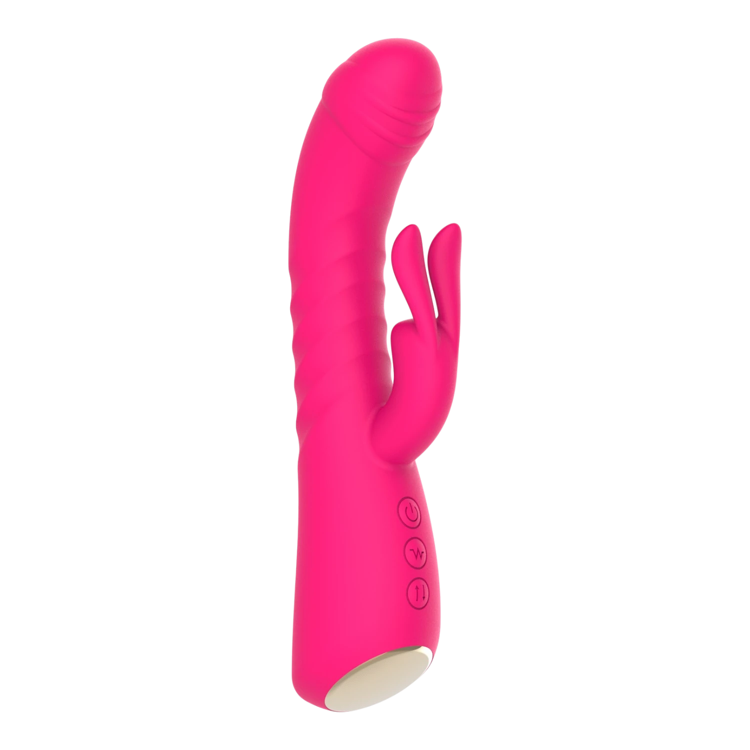 Vibromasseur rabbit rose avec stimulateur clitoridien, vue de profil, 3 boutons de contrôle - Oh My God'Z