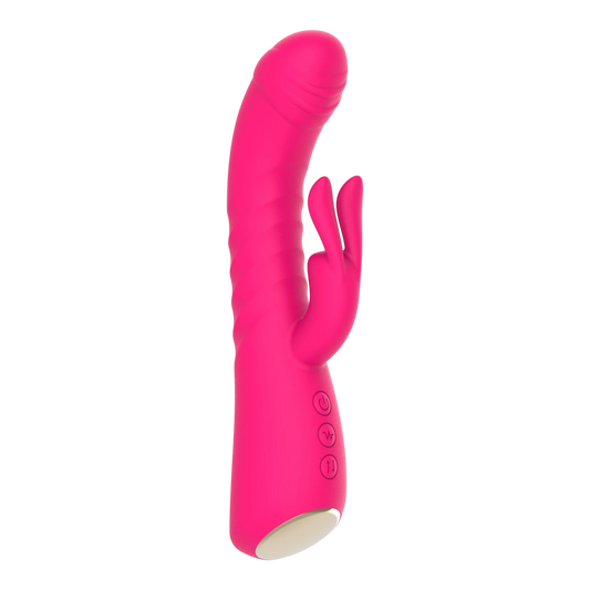 Vibromasseur rabbit rose avec stimulateur clitoridien, vue de profil, 3 boutons de contrôle - Oh My God'Z