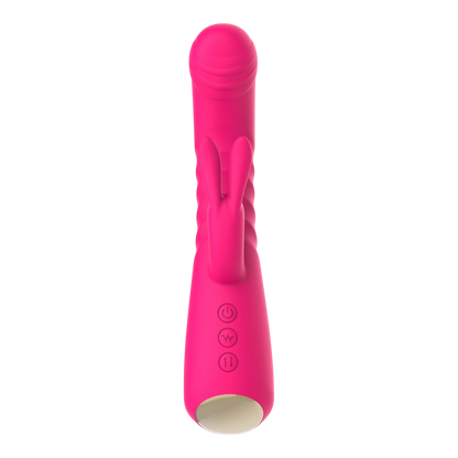 Vibromasseur rabbit rose texture nervurée, vue de face avec stimulateur et boutons de contrôle - Oh My God'Z