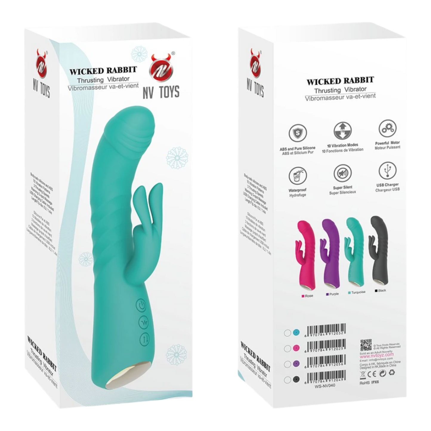 Packaging vibromasseur Wicked Rabbit NV Toys, boîte blanche présentant les 4 coloris disponibles - Oh My God'Z