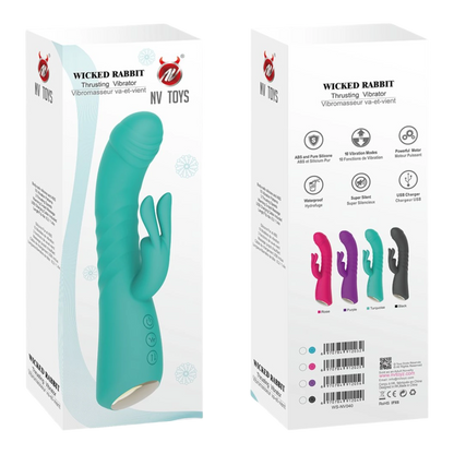 Packaging vibromasseur Wicked Rabbit NV Toys, boîte blanche présentant les 4 coloris disponibles - Oh My God'Z