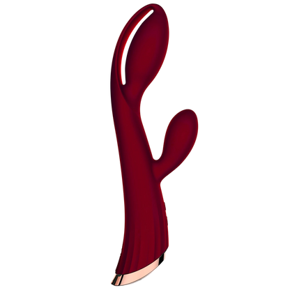 Vibromasseur rabbit rouge bordeaux en silicone avec stimulateur clitoridien, base rose gold - Oh My God'Z