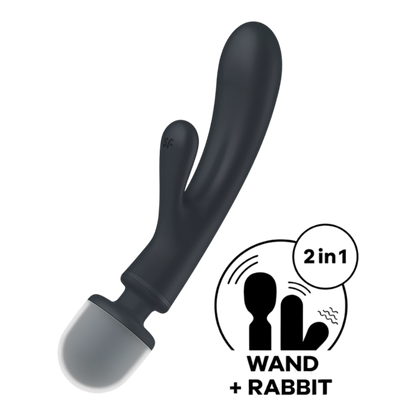 Vibromasseur rabbit et wand 2 en 1 noir en silicone avec base grise et pictogramme explicatif - Oh My God'Z