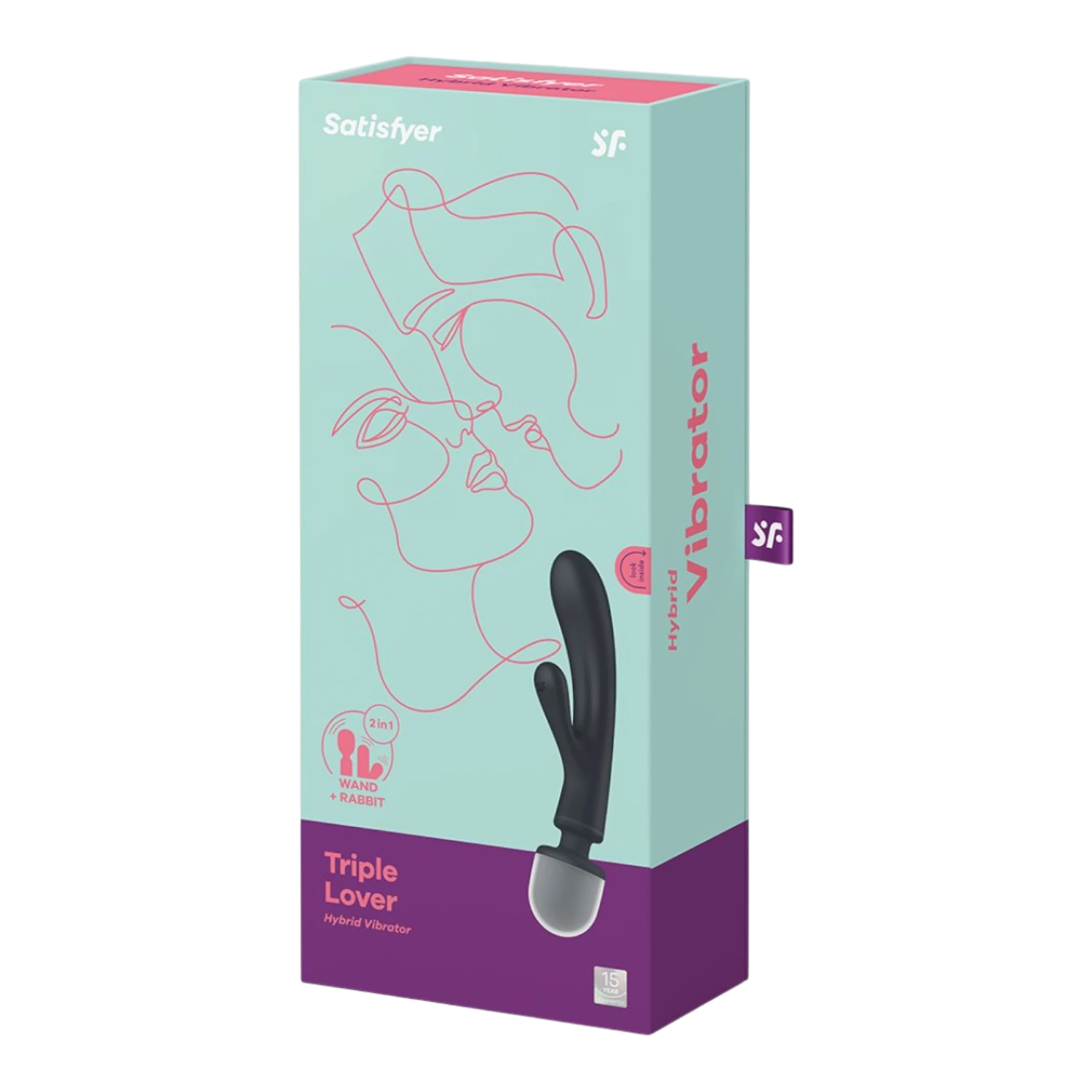 Packaging turquoise et rose du vibromasseur Triple Lover Satisfyer avec illustration ligne dessinée - Oh My God'Z