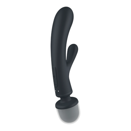 Profil latéral du vibromasseur 2 en 1 noir avec stimulateur clitoridien et base charging grise - Oh My God'Z