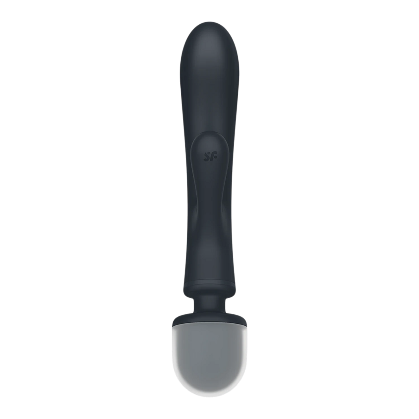 Vue de face du vibromasseur wand rabbit noir en silicone avec logo Satisfyer embossé sur la base - Oh My God'Z