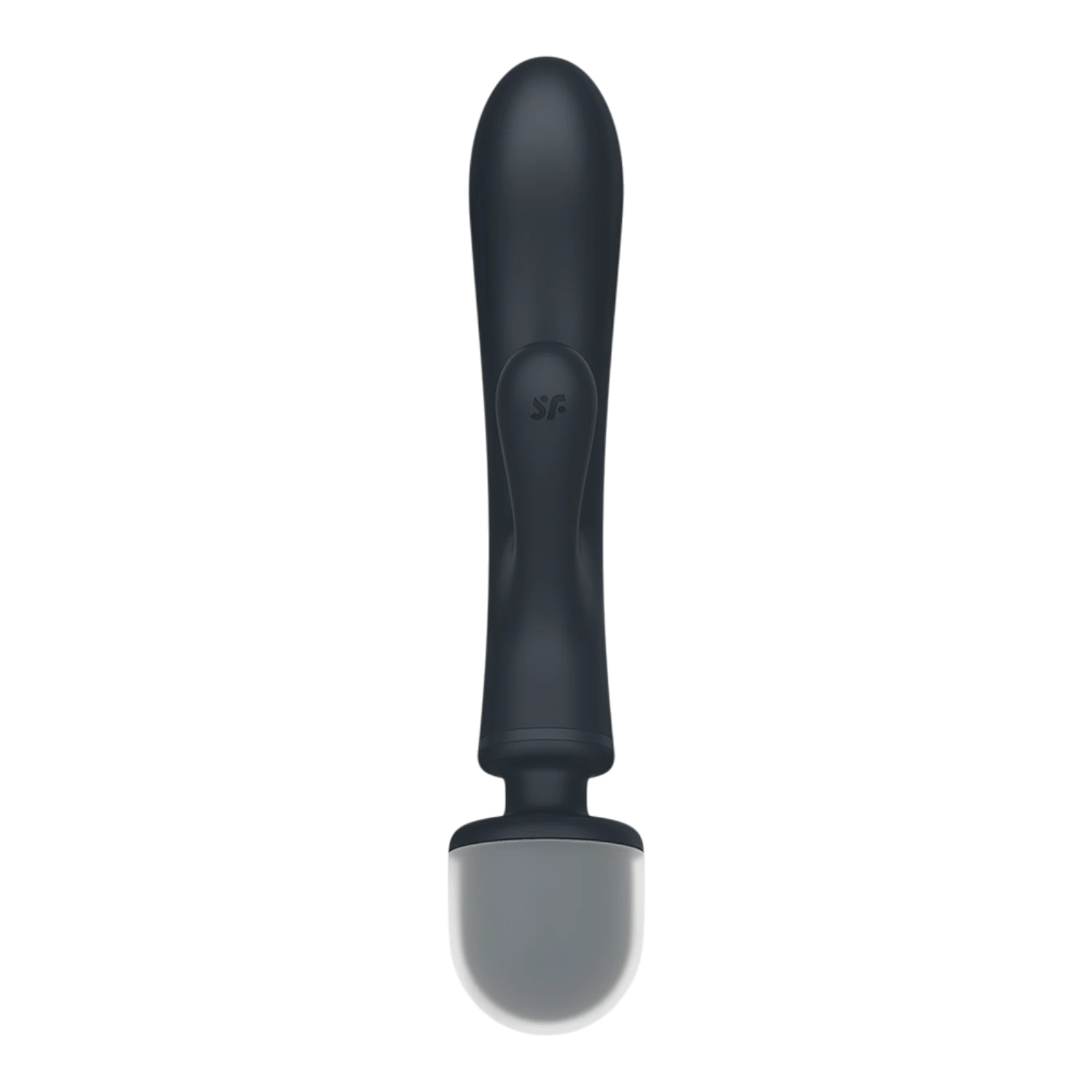 Vue de face du vibromasseur wand rabbit noir en silicone avec logo Satisfyer embossé sur la base - Oh My God'Z