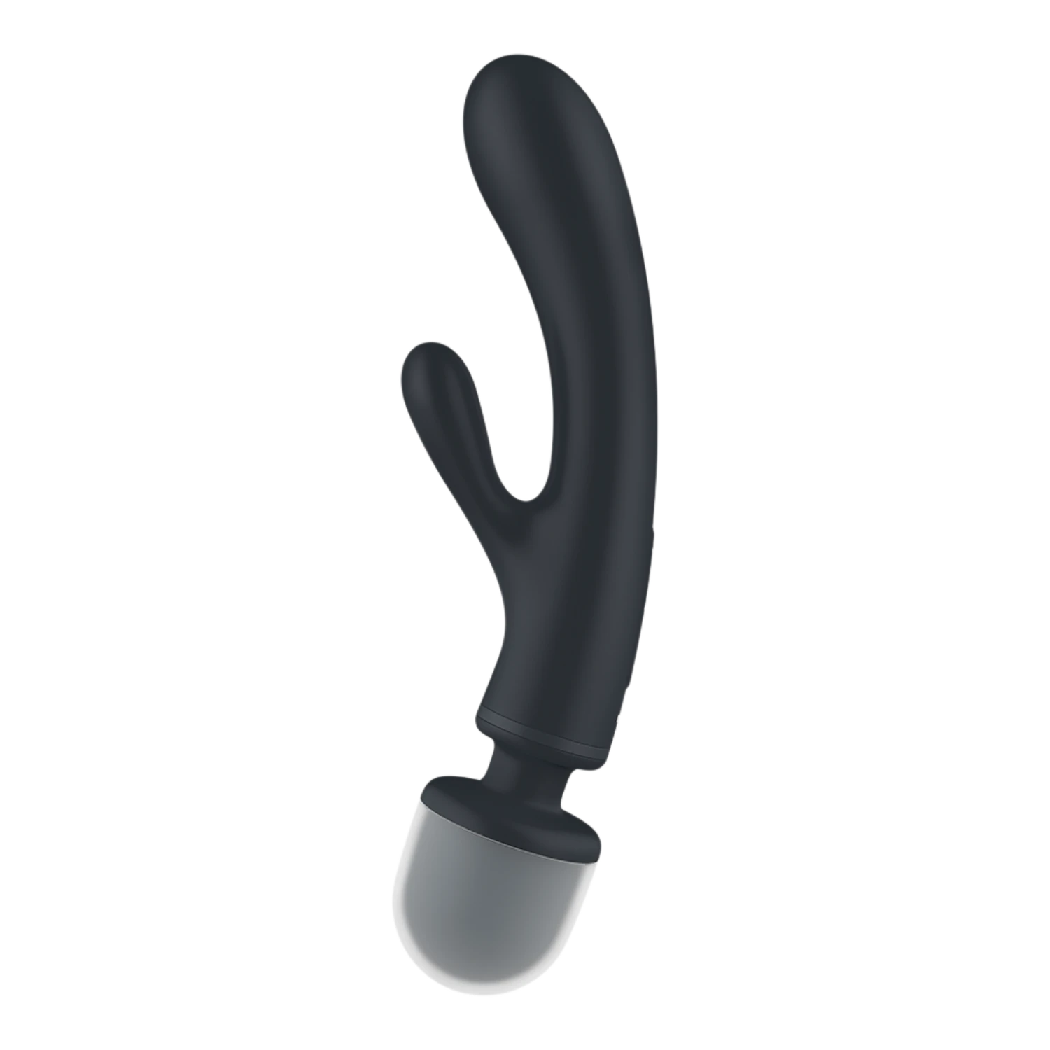 Vue opposée du vibromasseur 2 en 1 noir révélant forme courbée et stimulateur rabbit flexible - Oh My God'Z