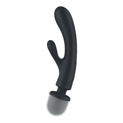 Vue opposée du vibromasseur 2 en 1 noir révélant forme courbée et stimulateur rabbit flexible - Oh My God'Z