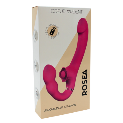 Packaging du vibromasseur ROSEA strap-on Coeur Ardent avec télécommande, boîte beige et blanche - Oh My God'Z