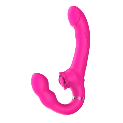 Vue latérale du vibromasseur strap-on rose montrant la courbure ergonomique et le point de tapotement - Oh My God'Z