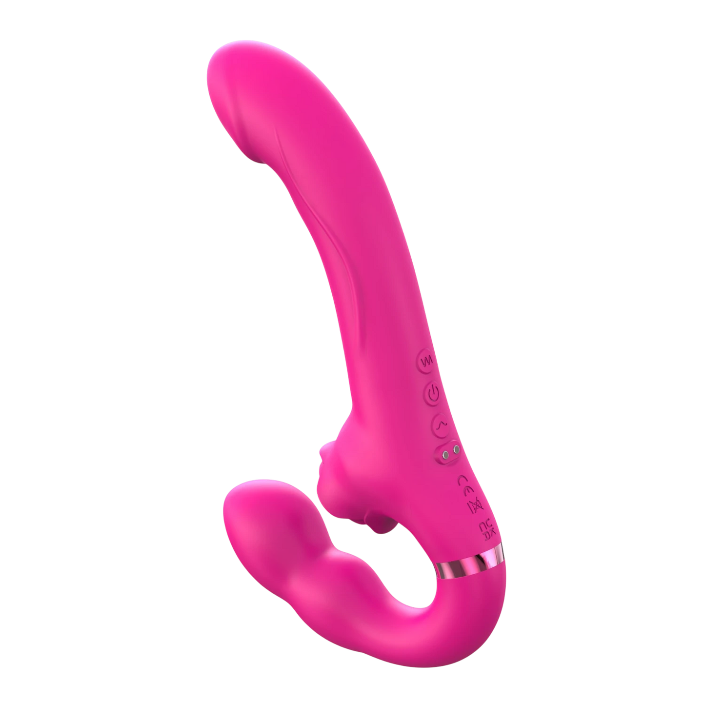 Détail des boutons de contrôle et port de recharge magnétique du vibromasseur strap-on rose - Oh My God'Z
