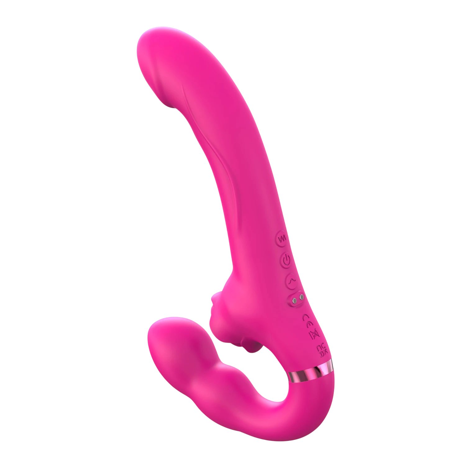 Détail des boutons de contrôle et port de recharge magnétique du vibromasseur strap-on rose - Oh My God'Z