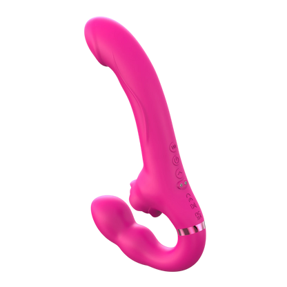 Détail des boutons de contrôle et port de recharge magnétique du vibromasseur strap-on rose - Oh My God'Z