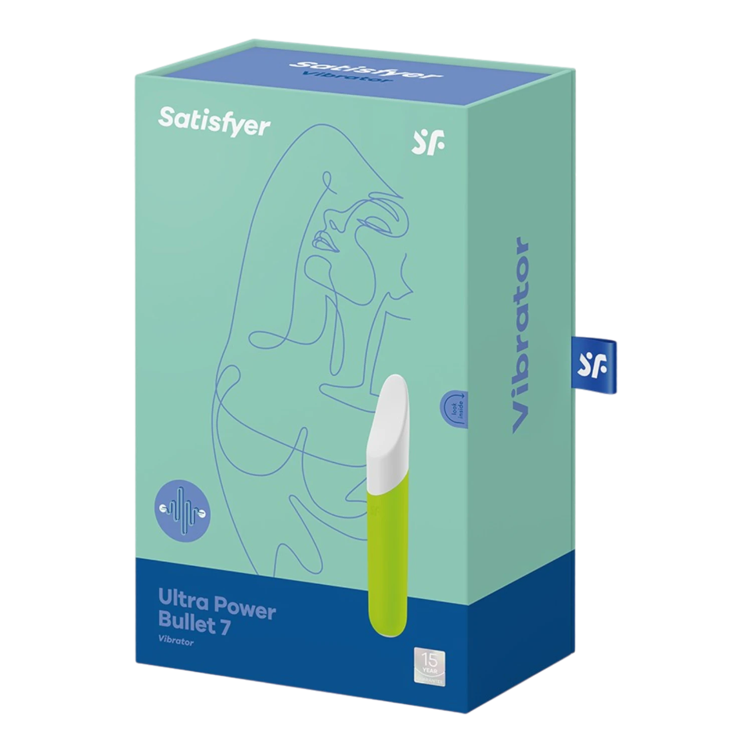 Packaging Satisfyer Ultra Power Bullet 7 turquoise et bleu, vibromasseur vert visible sur boîte - Oh My God'Z