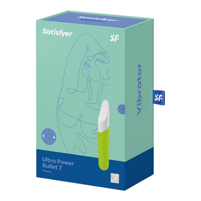Packaging Satisfyer Ultra Power Bullet 7 turquoise et bleu, vibromasseur vert visible sur boîte - Oh My God'Z