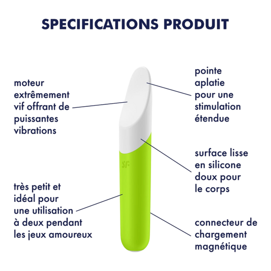 Schéma des spécifications du vibromasseur Satisfyer vert: pointe aplatie, silicone doux, moteur - Oh My God'Z