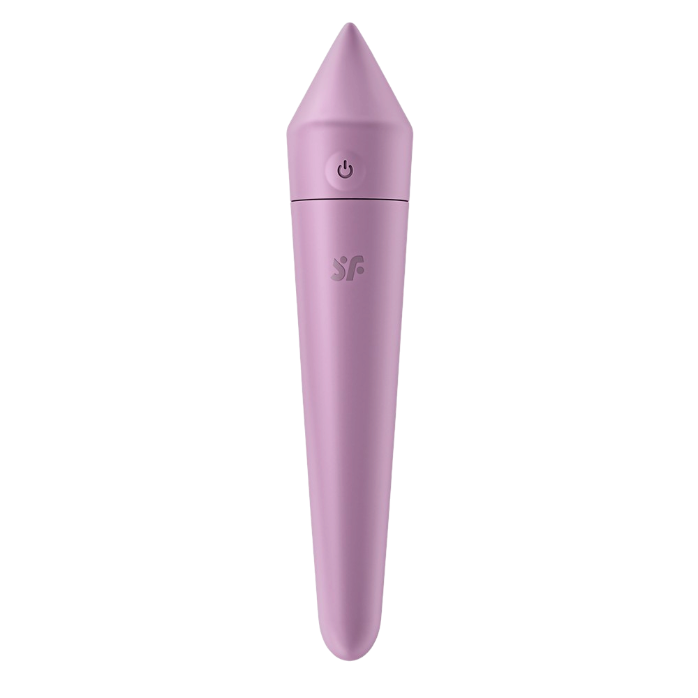 Vibromasseur Ultra Power Bullet 8 Satisfyer lilas en silicone, bouton de commande et logo SF visibles - Oh My God'Z