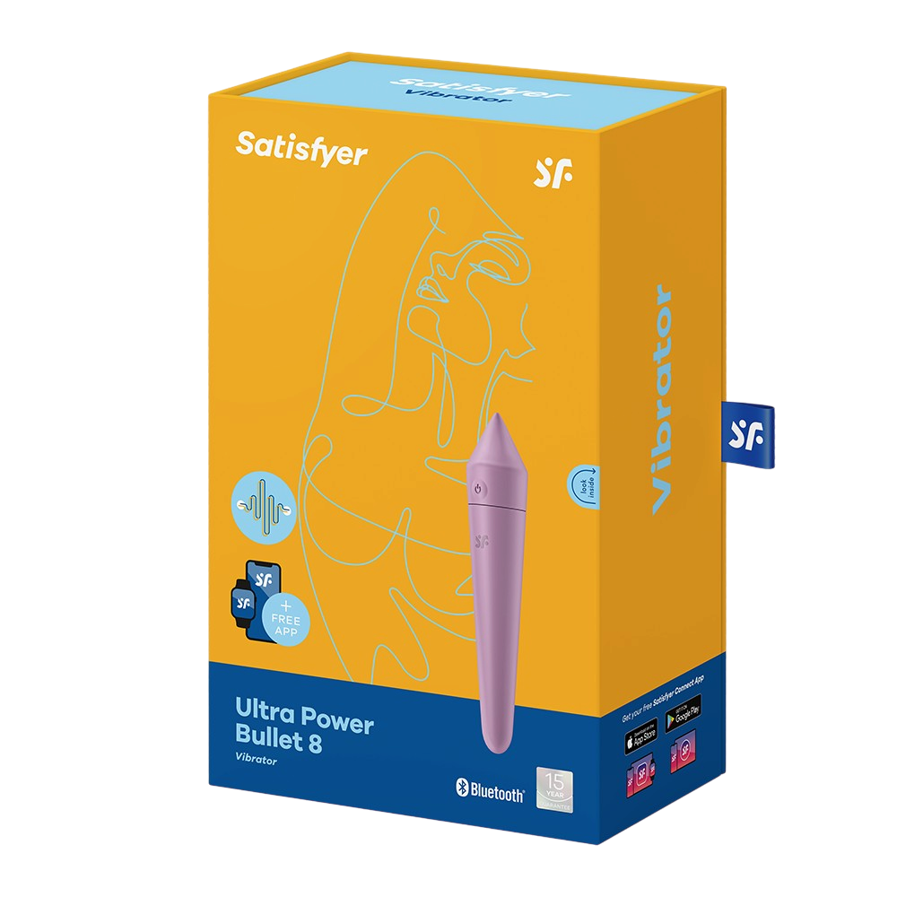 Boite jaune du vibromasseur connecte Ultra Power Bullet 8 Satisfyer lilas Bluetooth, emballage - Oh My God'Z
