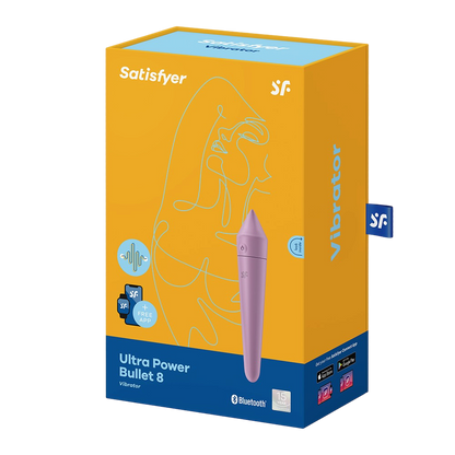 Boite jaune du vibromasseur connecte Ultra Power Bullet 8 Satisfyer lilas Bluetooth, emballage - Oh My God'Z