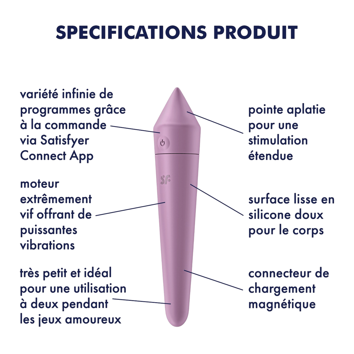 Schema des specifications du vibromasseur Ultra Power Bullet 8 Satisfyer lilas en silicone doux - Oh My God'Z