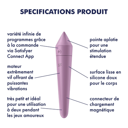 Schema des specifications du vibromasseur Ultra Power Bullet 8 Satisfyer lilas en silicone doux - Oh My God'Z