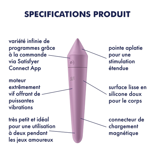 Schema des specifications du vibromasseur Ultra Power Bullet 8 Satisfyer lilas en silicone doux - Oh My God'Z