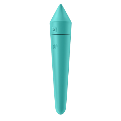 Vibromasseur Ultra Power Bullet 8 Satisfyer turquoise de face, bouton de commande et logo SF en silicone - Oh My God'Z